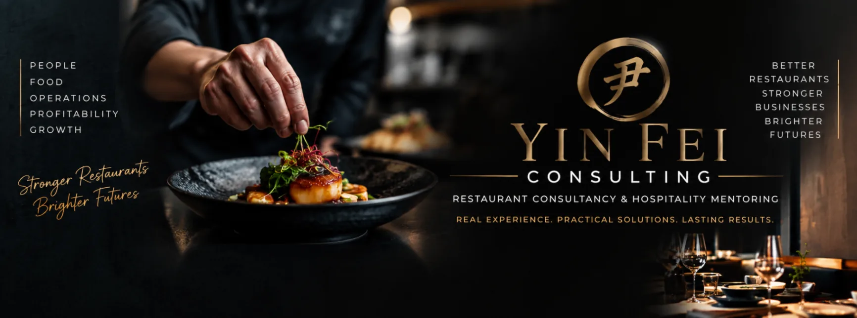 Chef preparing a plated dish in a warmly lit restaurant, with Yin Fei Consulting branding