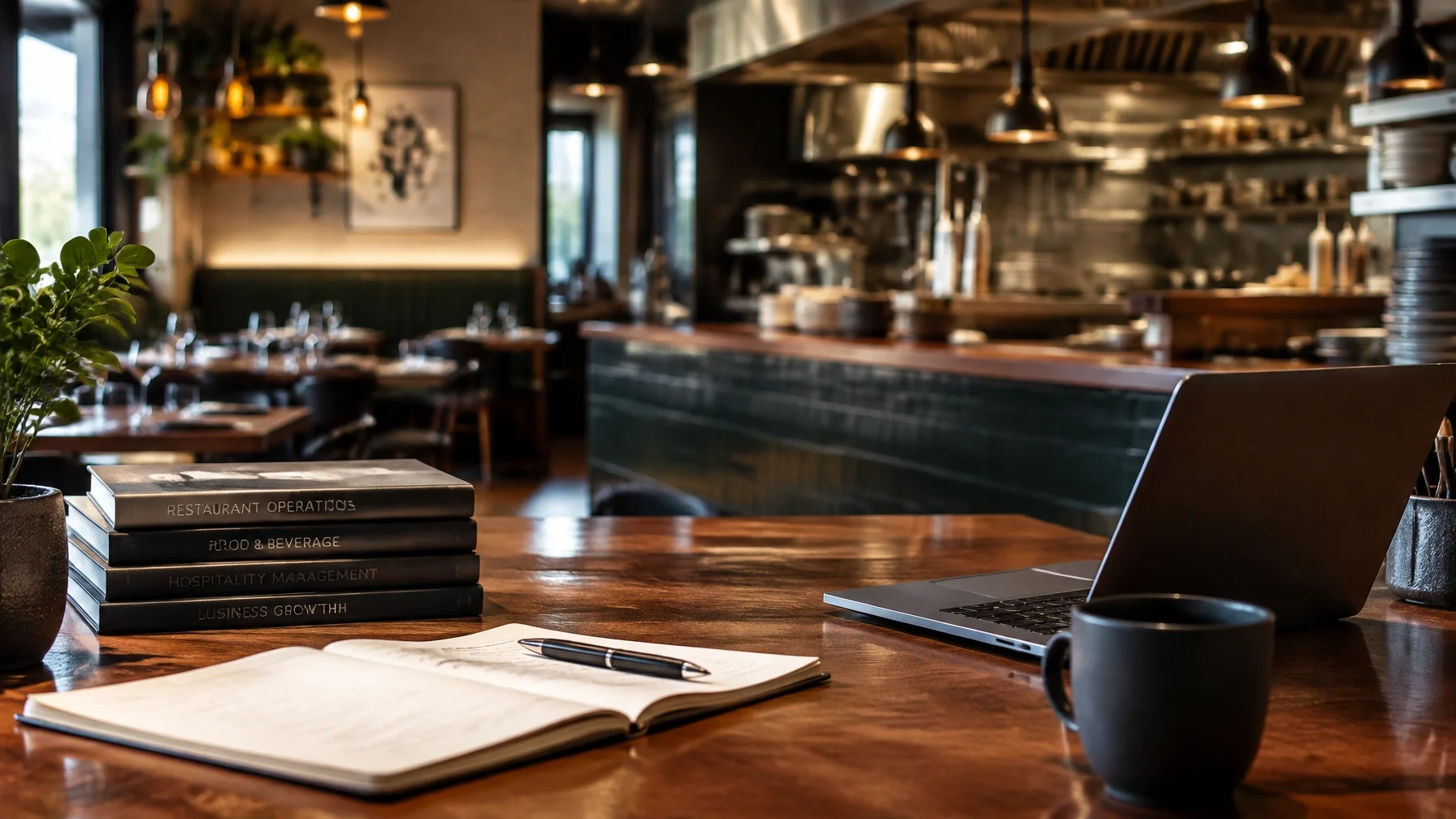 A warmly lit restaurant dining room prepared for service